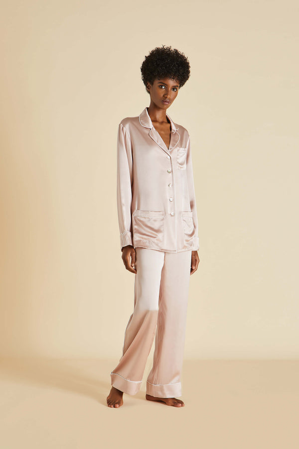 olivia von halle Coco Oyster Ivory Pajamas in Silk Satin Oyster