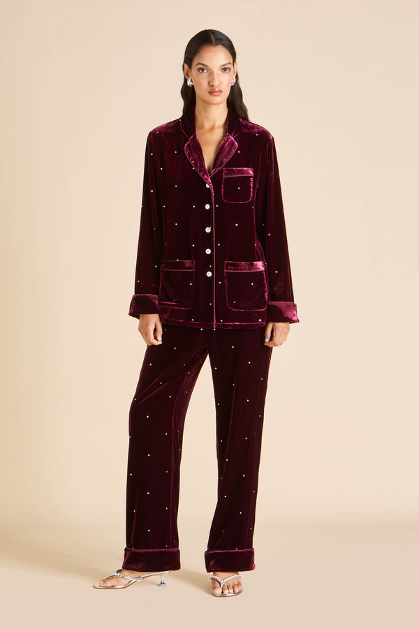 Olivia Von Halle Coco Ritzy Red Crystal Pajamas In Silk Velvet Red