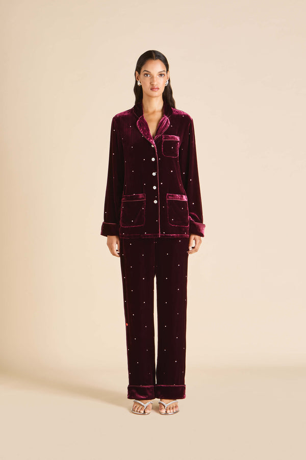 olivia von halle Coco Ritzy Red Crystal Pajamas in Silk Velvet Red