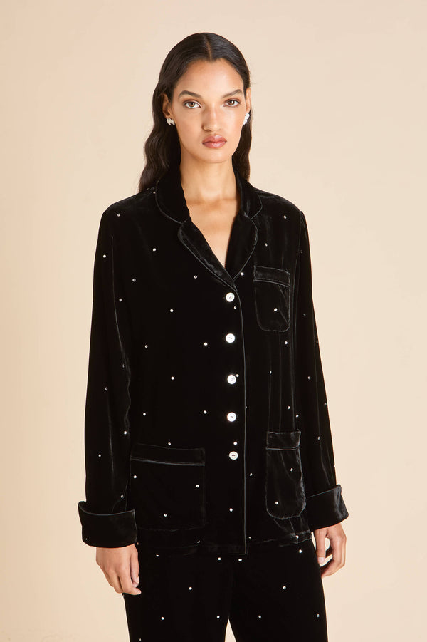 Olivia Von Halle Coco Teese Black Crystal Pajamas In Silk Velvet Black