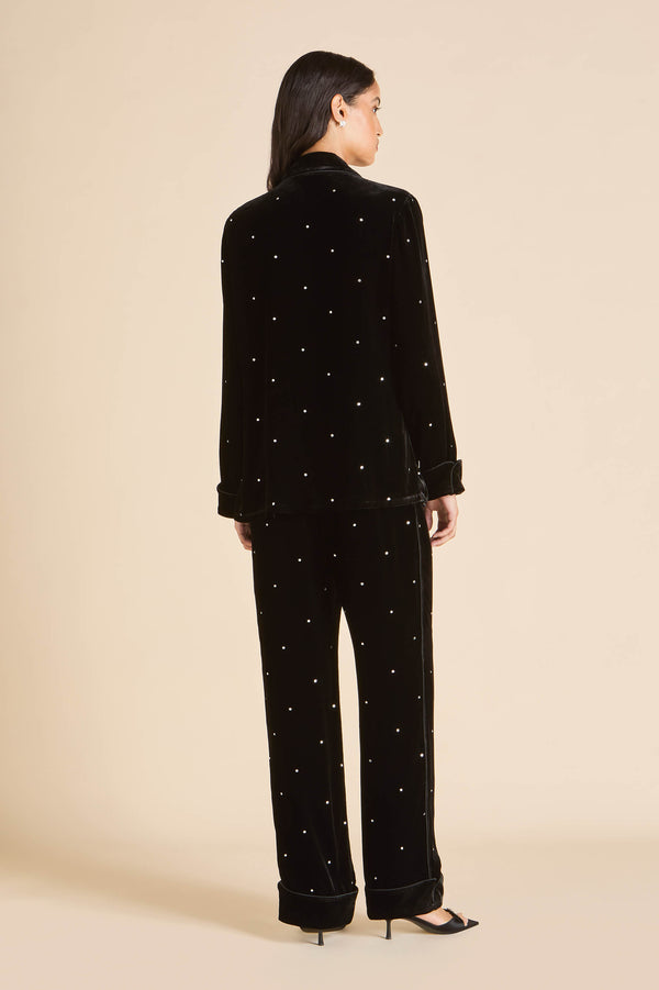 Olivia Von Halle Coco Teese Black Crystal Pajamas In Silk Velvet Black