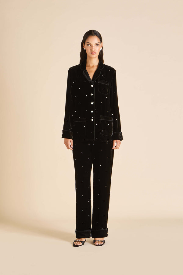 olivia von halle Coco Teese Black Crystal Pajamas in Silk Velvet Black olivia von halle Coco Teese Black Crystal Pajamas in Silk Velvet Black