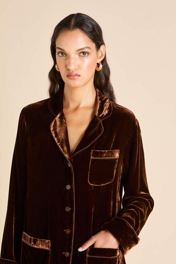 Olivia Von Halle Coco Walnut Brown Pajamas In Silk Velvet Brown