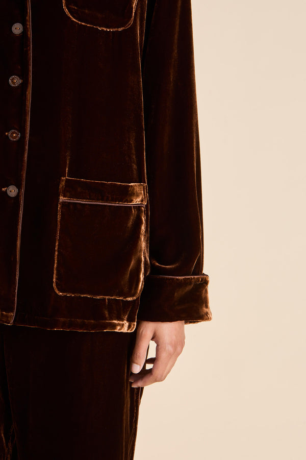 Olivia Von Halle Coco Walnut Brown Pajamas In Silk Velvet Brown