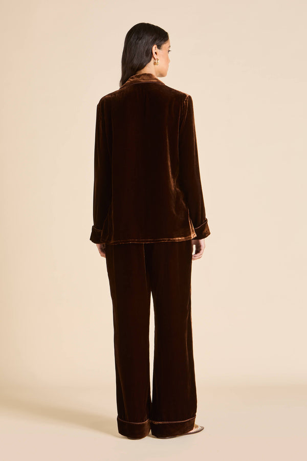 Olivia Von Halle Coco Walnut Brown Pajamas In Silk Velvet Brown