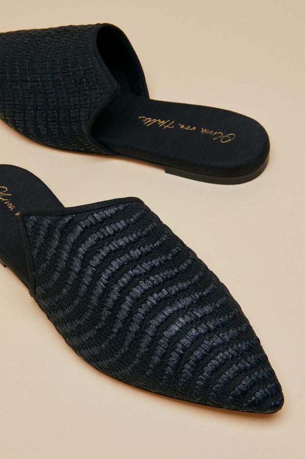 Olivia Von Halle Contessa Casati Black Slippers In Raffia