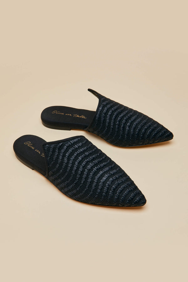 Olivia Von Halle Contessa Casati Black Slippers In Raffia