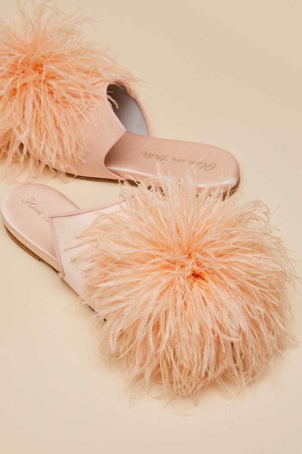 Olivia Von Halle Contessa Minnie Orange Slippers In Silk Feather