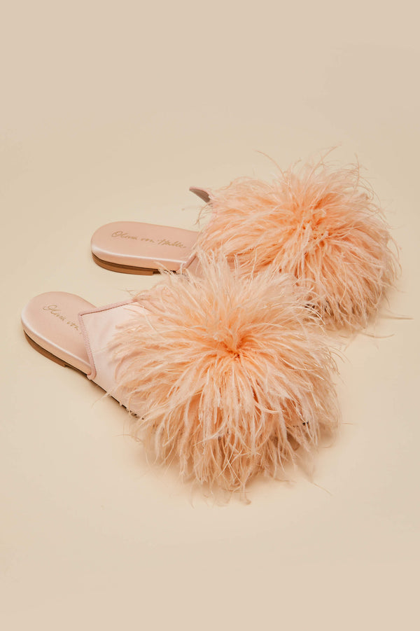 Olivia Von Halle Contessa Minnie Orange Slippers In Silk Feather