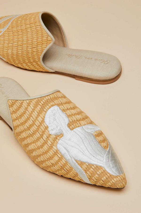 Olivia Von Halle Contessa Viola Beige Embroidered Slippers In Raffia
