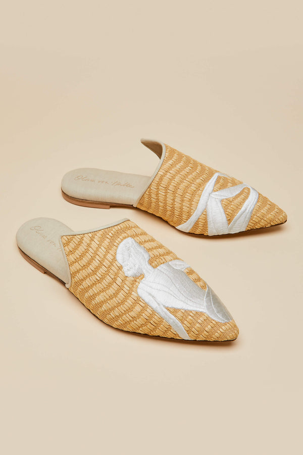 Olivia Von Halle Contessa Viola Beige Embroidered Slippers In Raffia