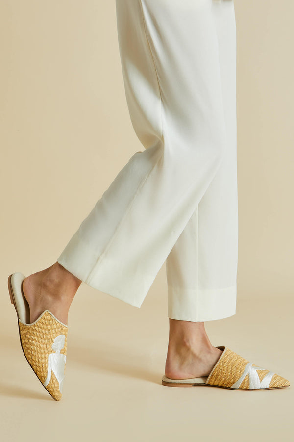 Olivia Von Halle Contessa Viola Beige Embroidered Slippers In Raffia