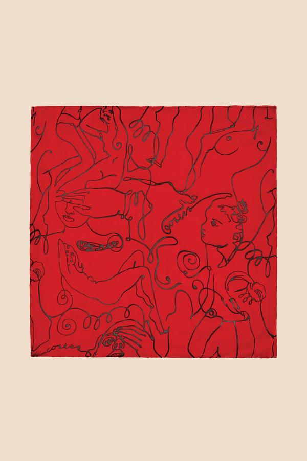 Olivia Von Halle Deneuve Liaisons Red Figures Scarf In Silk Satin Red