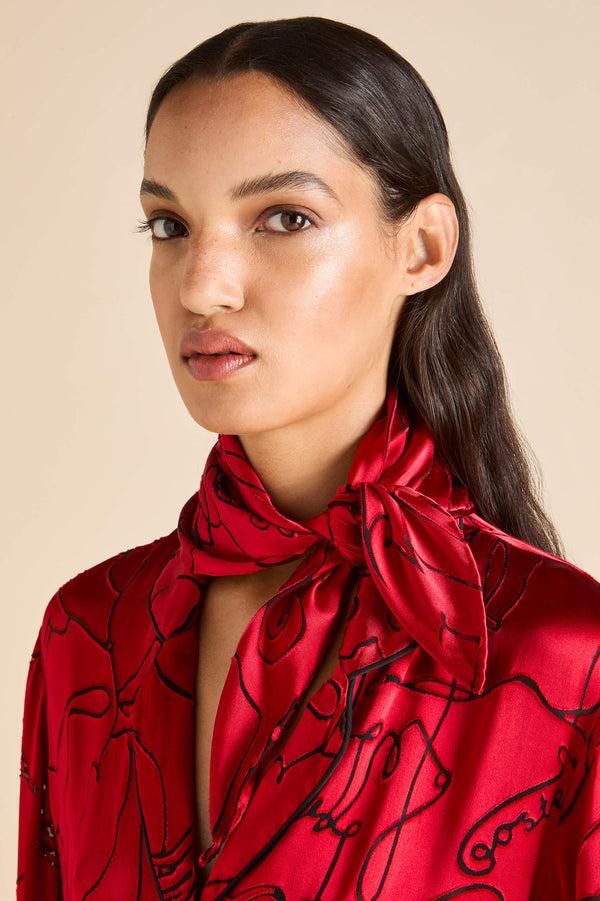 Olivia Von Halle Deneuve Liaisons Red Figures Scarf In Silk Satin Red