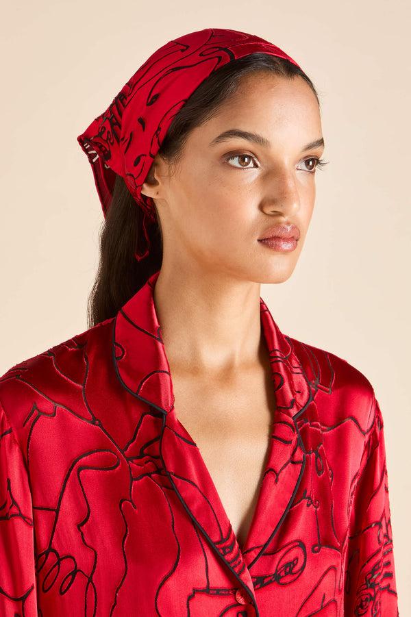 Olivia Von Halle Deneuve Liaisons Red Figures Scarf In Silk Satin Red