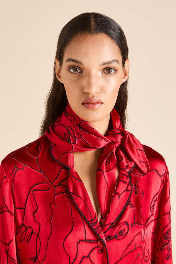 olivia von halle Deneuve Liaisons Red Figures Scarf in Silk Satin Red
