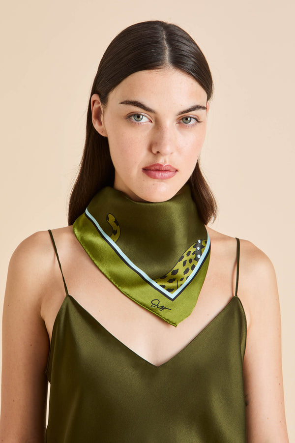 Olivia Von Halle Dunaway Cosmos Green Leopard Scarf In Silk Satin Green