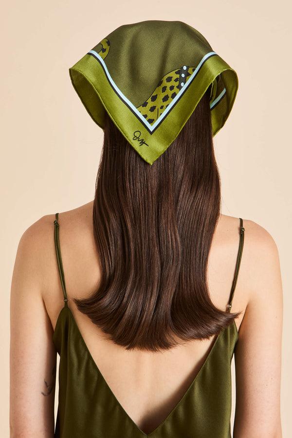 Olivia Von Halle Dunaway Cosmos Green Leopard Scarf In Silk Satin Green