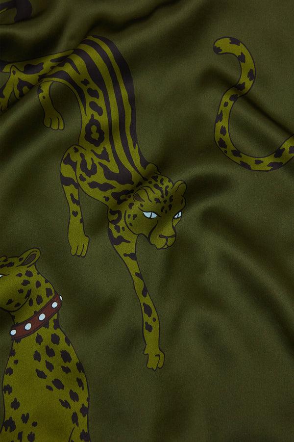 Olivia Von Halle Dunaway Cosmos Green Leopard Scarf In Silk Satin Green