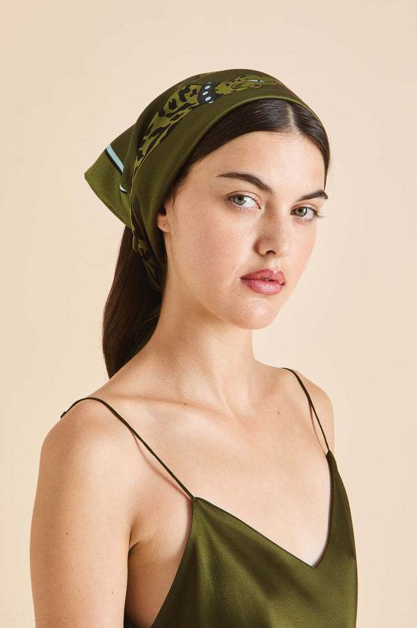 olivia von halle Dunaway Cosmos Green Leopard Scarf in Silk Satin Green