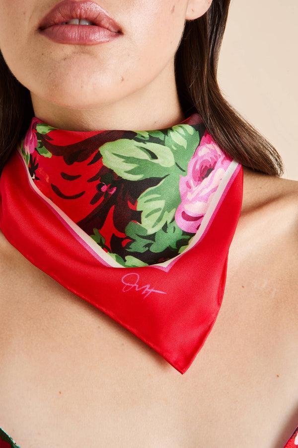 Olivia Von Halle Dunaway Moulin Red Floral Scarf In Silk Twill Red
