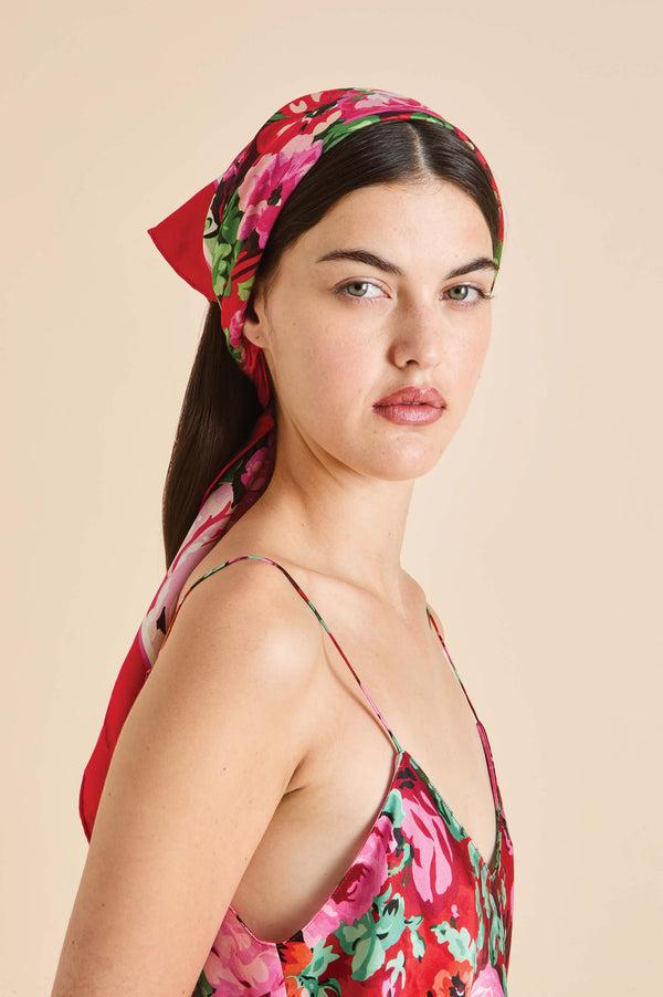 olivia von halle Dunaway Moulin Red Floral Scarf in Silk Twill Red
