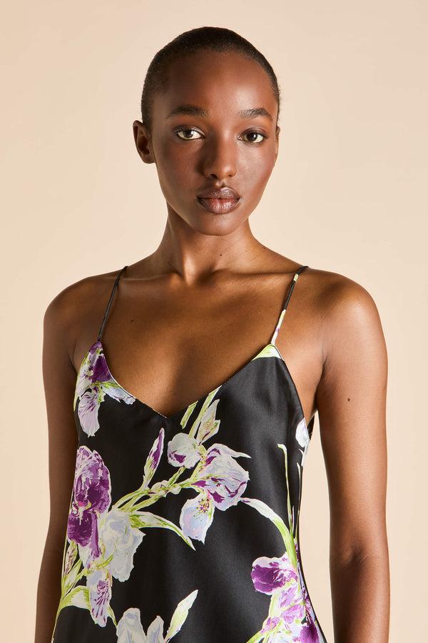 Olivia Von Halle Elle Athena Black Floral Camisole Set In Silk Satin Black