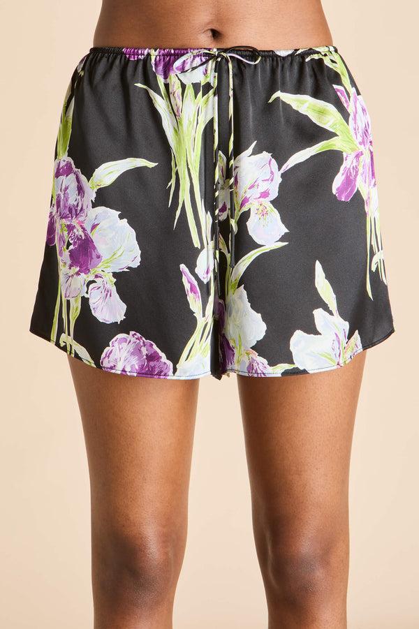 Olivia Von Halle Elle Athena Black Floral Camisole Set In Silk Satin Black