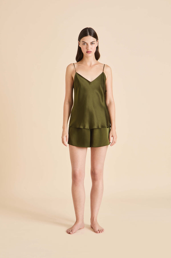 olivia von halle Elle Ivy Green Camisole Set in Silk Satin Green