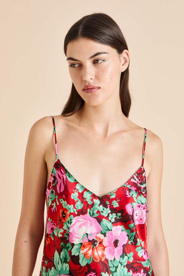 Olivia Von Halle Elle Moulin Red Floral Camisole Set In Silk Satin Red