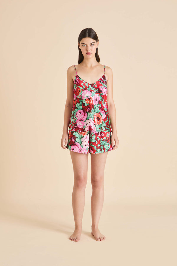 olivia von halle Elle Moulin Red Floral Camisole Set in Silk Satin Red