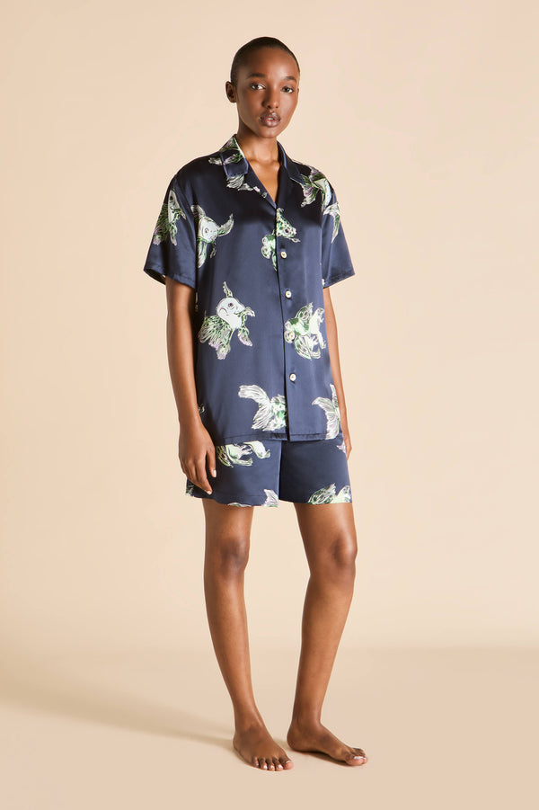 Olivia Von Halle Emeli Caspian Navy Goldfish Pajamas In Silk Satin Navy