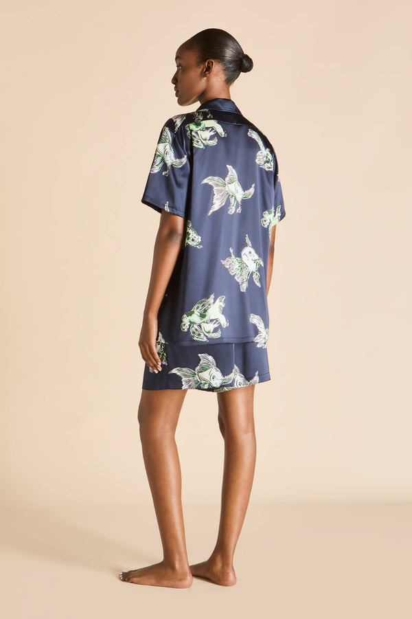 Olivia Von Halle Emeli Caspian Navy Goldfish Pajamas In Silk Satin Navy