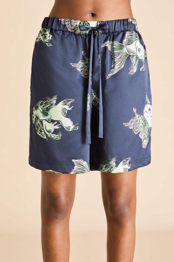 Olivia Von Halle Emeli Caspian Navy Goldfish Pajamas In Silk Satin Navy