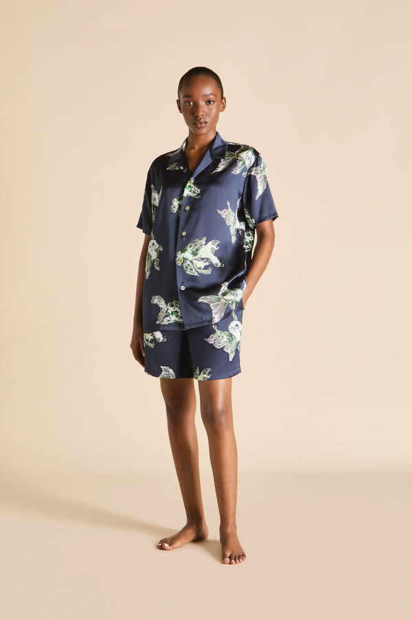 olivia von halle Emeli Caspian Navy Goldfish Pajamas in Silk Satin Navy