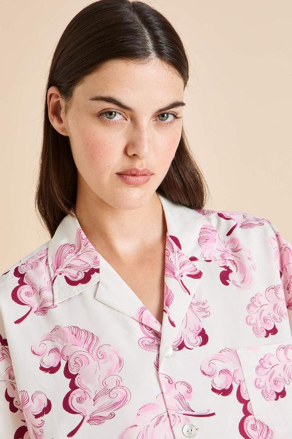 Olivia Von Halle Emeli Plume Pink Feather Pajamas In Cotton-Silk Pink