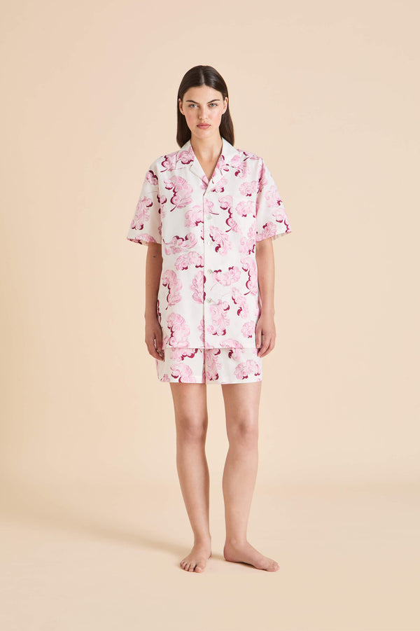 olivia von halle Emeli Plume Pink Feather Pajamas in Cotton-Silk Pink