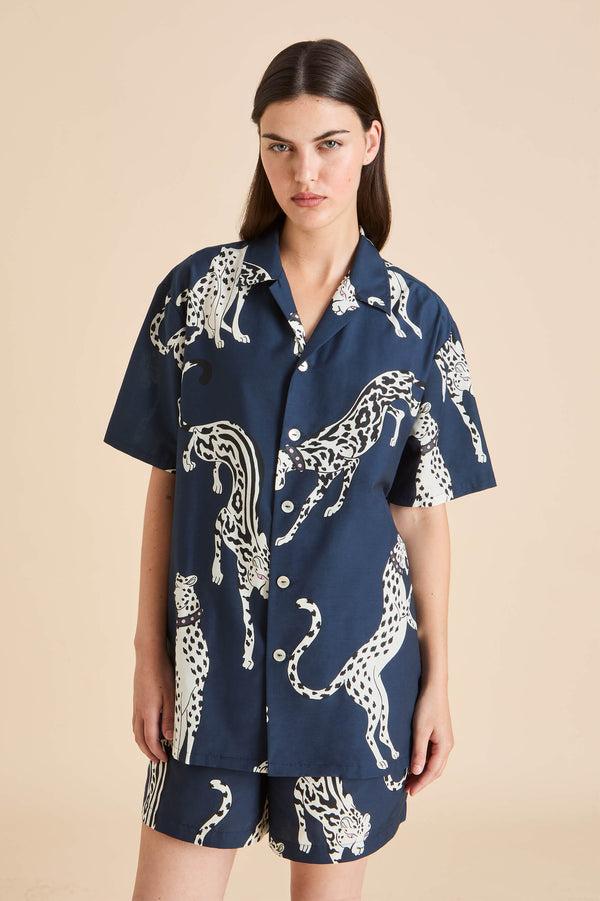 Olivia Von Halle Emeli Ziegfeld Blue Leopard Pajamas In Cotton-Silk Blue