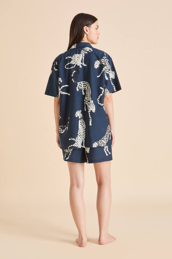 Olivia Von Halle Emeli Ziegfeld Blue Leopard Pajamas In Cotton-Silk Blue