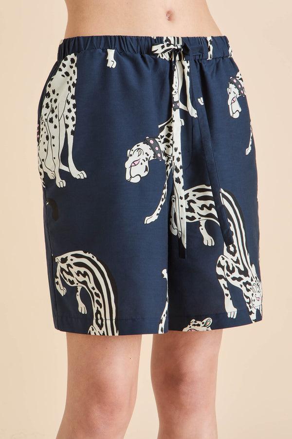 Olivia Von Halle Emeli Ziegfeld Blue Leopard Pajamas In Cotton-Silk Blue