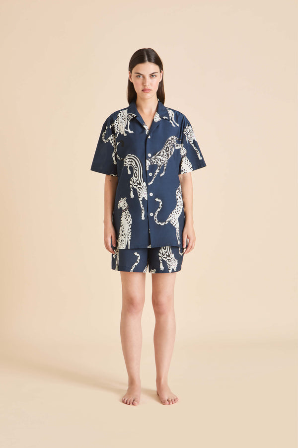 olivia von halle Emeli Ziegfeld Blue Leopard Pajamas in Cotton-Silk Blue