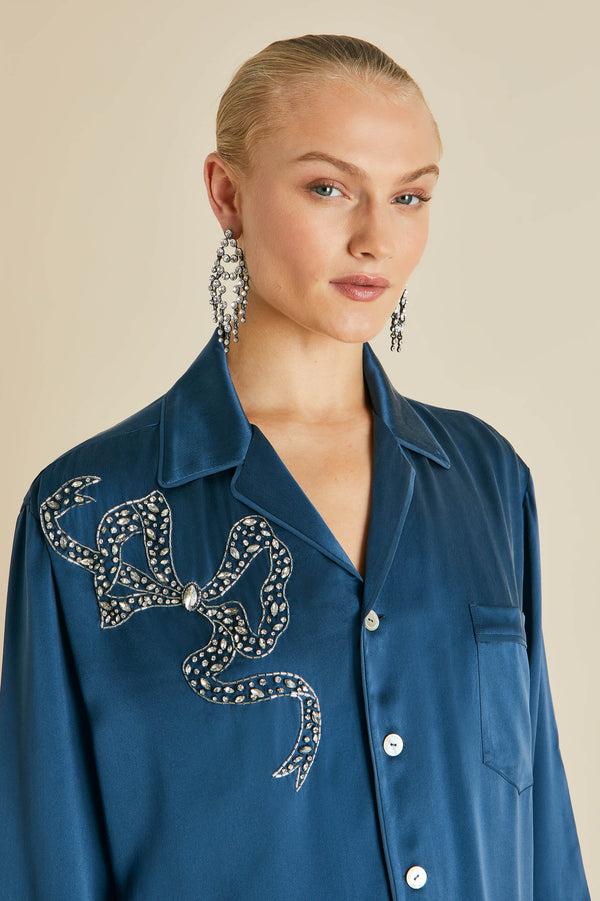 Olivia Von Halle Fifi Grace Blue Embellished Pajamas In Silk Satin