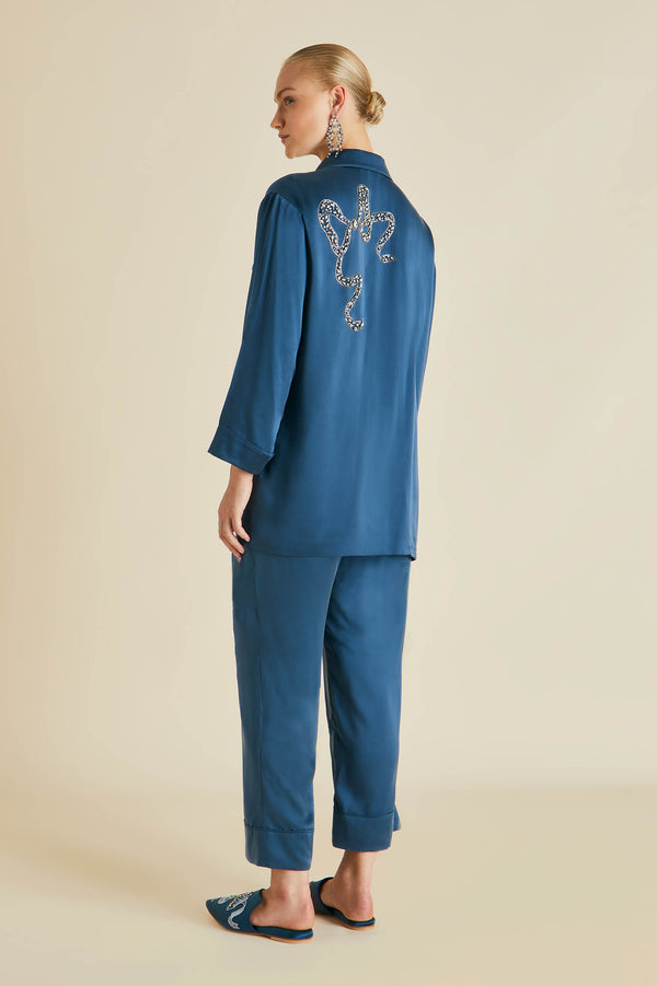 Olivia Von Halle Fifi Grace Blue Embellished Pajamas In Silk Satin