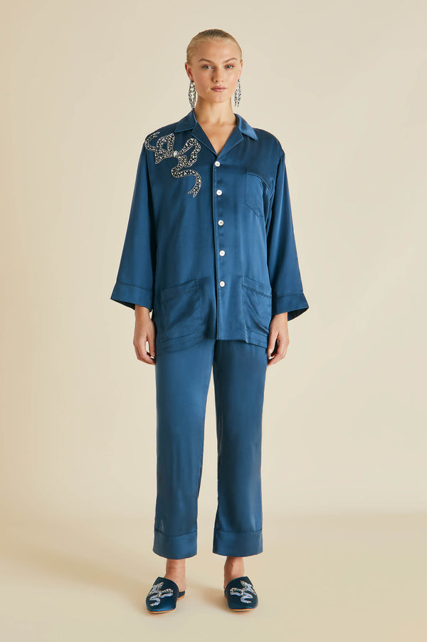 olivia von halle Fifi Grace Blue Embellished Pajamas in Silk Satin
