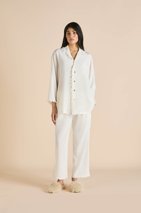 olivia von halle Fifi Ivory Frilled Pajamas in Silk Crêpe de Chine Ivory
