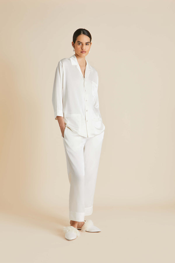 olivia von halle Fifi Ivory Pearl Pajamas in Silk Satin Ivory