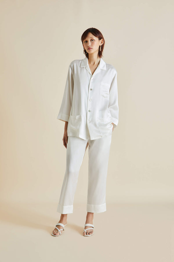 olivia von halle Fifi Ivory White Pajamas in Silk Satin Ivory
