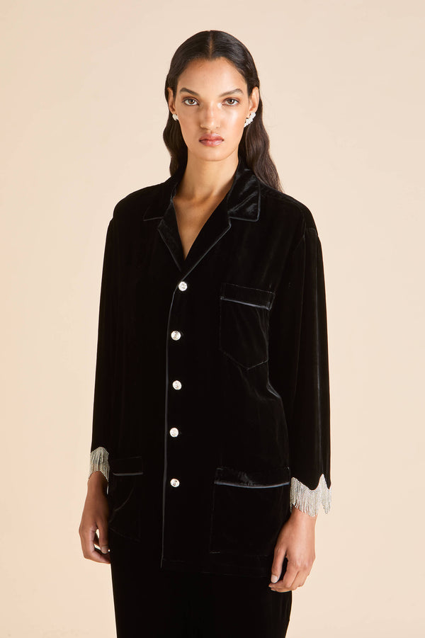 Olivia Von Halle Fifi Valentina Black Crystal Fringe Pajamas In Silk Velvet Black