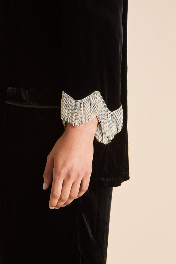 Olivia Von Halle Fifi Valentina Black Crystal Fringe Pajamas In Silk Velvet Black