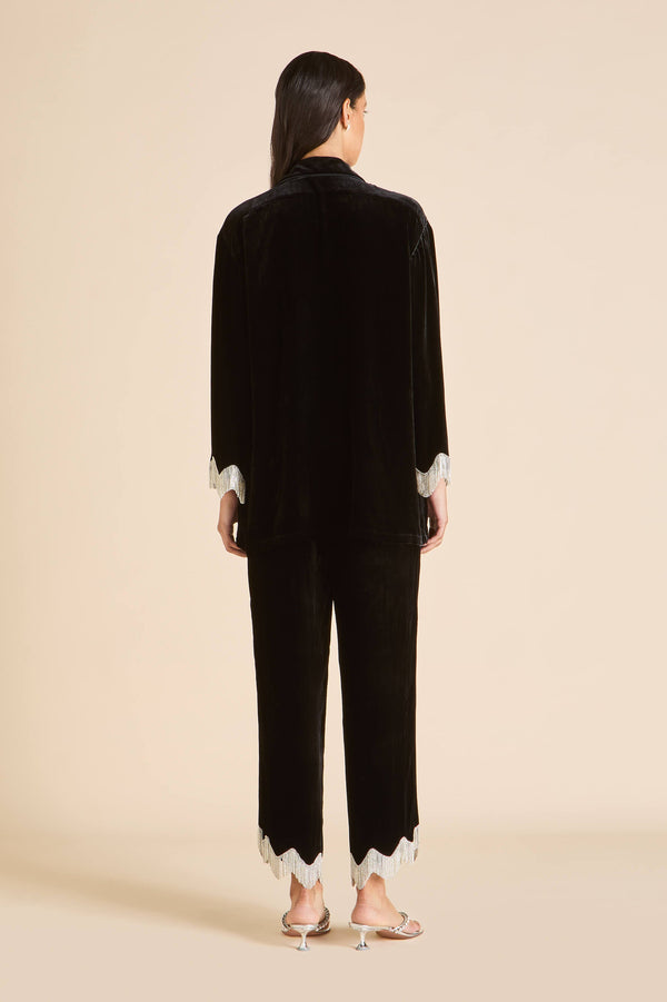 Olivia Von Halle Fifi Valentina Black Crystal Fringe Pajamas In Silk Velvet Black